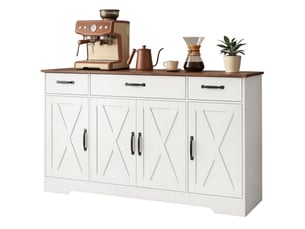 Buffet, meuble de rangement cuisine style ferme avec 4 portes de grange, 3 tiroirs, étagères ajustables, blanc