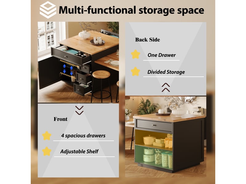 Îlot de cuisine extensible avec rangement et roulettes verrouillables - plateau aspect bois, mdf noir - Conforama E