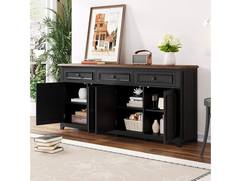  Buffet moderne noir et bois 4 portes 3 tiroirs en mdf 160 cm  - Conforama B