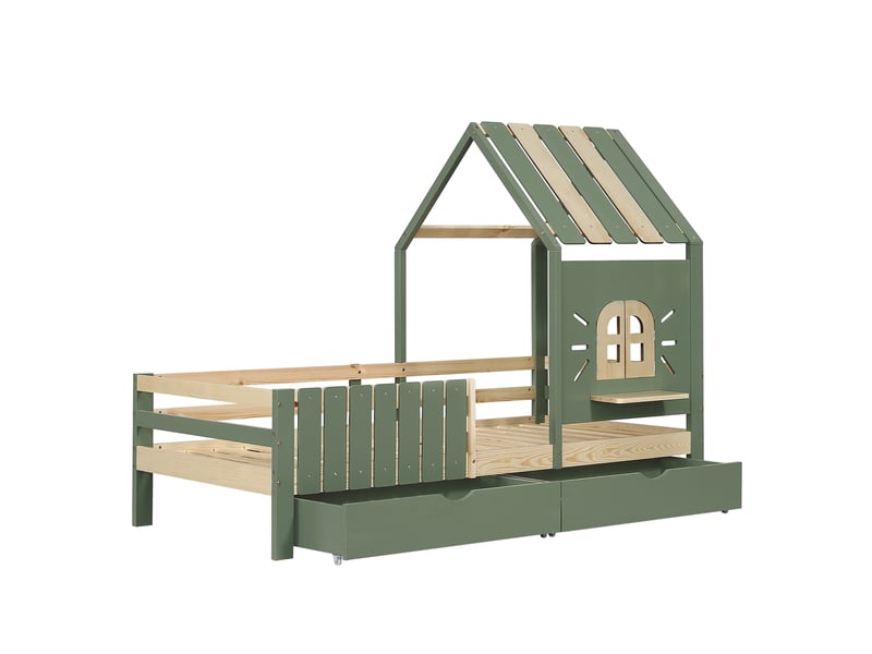  Lit enfant 90x200 cm, lit cabane avec toit et fenêtre de sécurité, barrières de protection sur 4 côtés et 2 tiroirs en pin, vert et naturel  - Conforama D