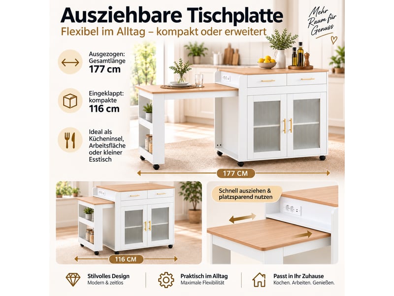  Îlot de cuisine extensible 177x60x89,5 cm avec table escamotable, prises usb-a-c, rangement et roulettes, meuble bar blanc  - Conforama E