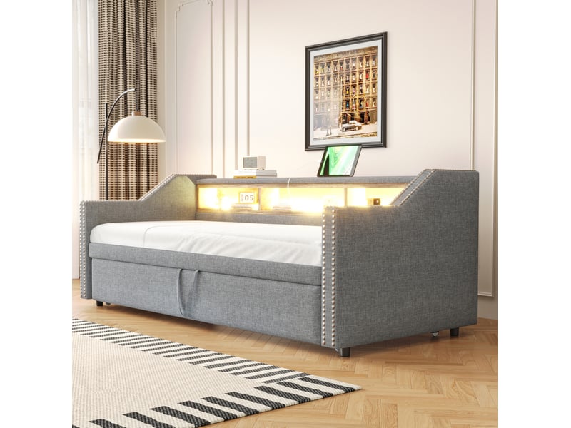  Canapé-lit extensible gris clair 90180 x 190 cm avec led, usb et 2 matelas à ressorts  - Conforama C