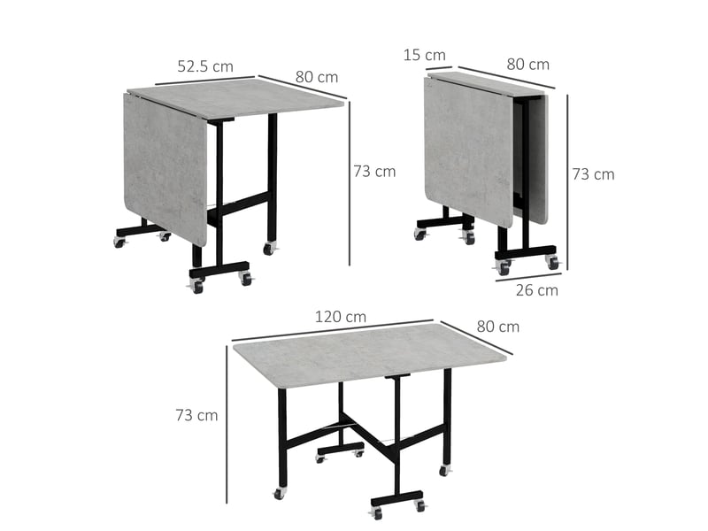  Table pliante à abattants pour 4 à 6 personnes avec 6 roulettes, en bois et acier, 120 x 80 x 73 cm, grise  - Conforama E