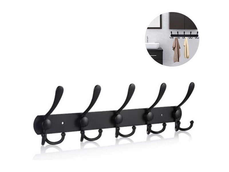 Porte-manteau mural long 43 x 4 cm – acier inoxydable noir – 5 crochets pour manteaux, chapeaux, sacs – charge maximale 30 lb YSK0001784LY - Conforama B