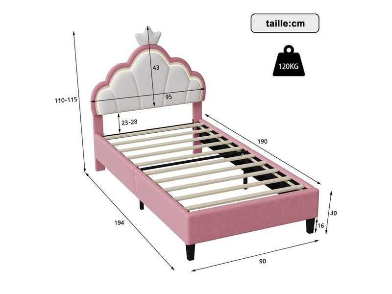  Lit enfant 90x190 cm avec tête de lit réglable couronne, lit simple, led,  velours rose et blanc  - Conforama C
