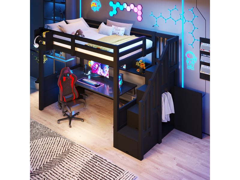  Lit mezzanine enfant 90x200 cm avec escalier et placard de rangement, 4 compartiments, led, pin et mdf, noir OMNIGLINT TRADING LTD - Conforama E