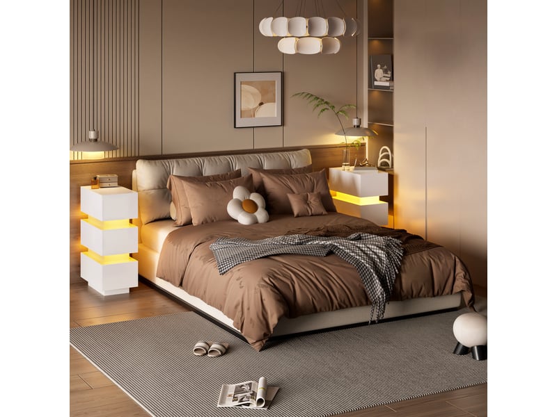  Table de chevet étroite avec prise électrique et éclairage led – 3 tiroirs, lot de 2, 20 x 40 x 59.5 cm, blanc  - Conforama R