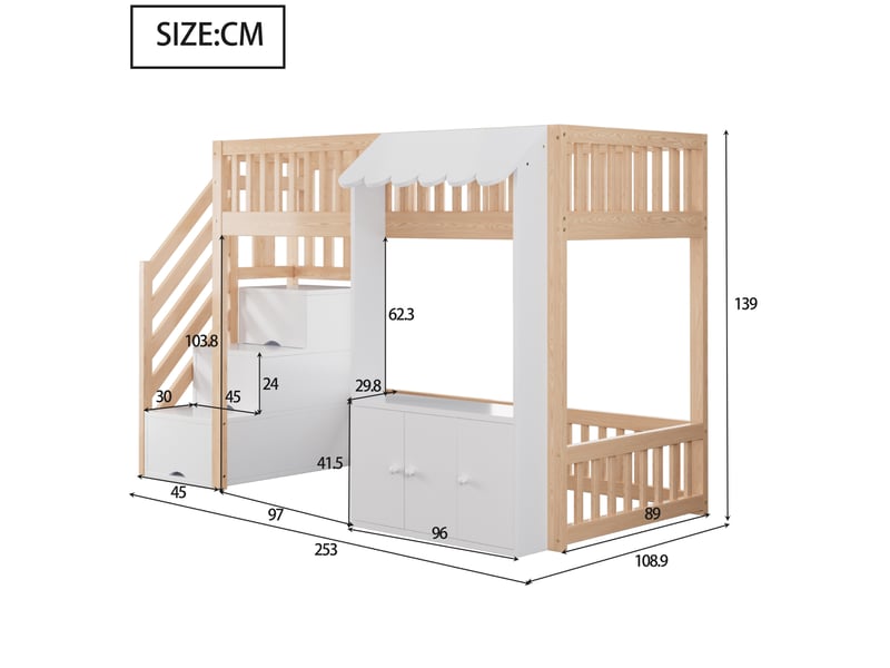  Lit mezzanine modenvie 90 x 200 cm avec escalier de rangement, led multicolore, bois clair  - Conforama C