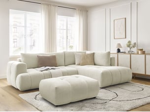 Canapé d'angle droit convertible <strong>BOBOCHIC</strong> <strong>FUJI</strong> 4 places Tissu beige avec coffre de rangement