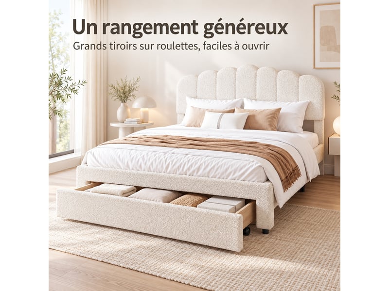  Lit double rembourré 140x200 cm avec tiroir, lit adulte avec rangement et ports usb, tête de lit coquillage réglable en hauteur, lit adulte avec sommier à lattes, beige  - Conforama E