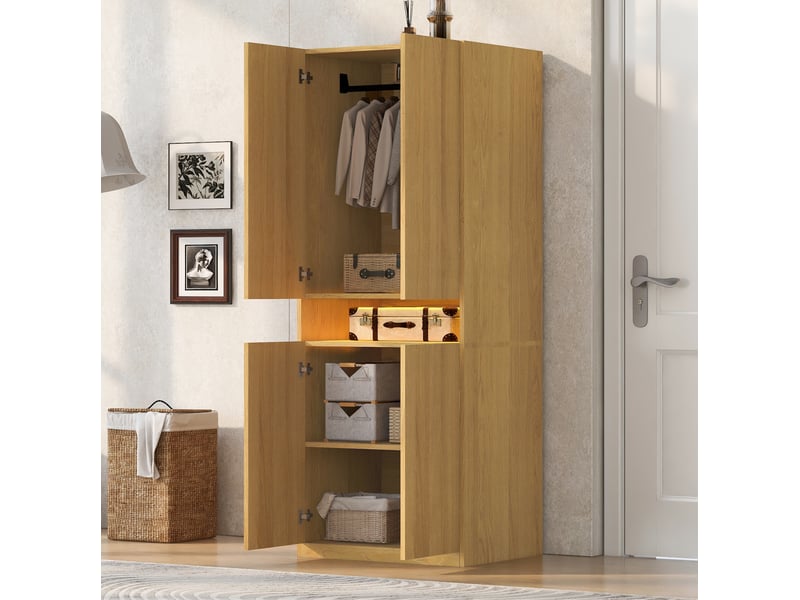  Armoire 2 portes avec niche led et grand espace penderie pour chambre, en mdf, coloris bois, 70 × 55 × 180 cm  - Conforama B
