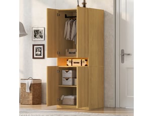 Armoire 2 portes avec niche led et grand espace penderie pour chambre, en mdf, coloris bois, 70 × 55 × 180 cm