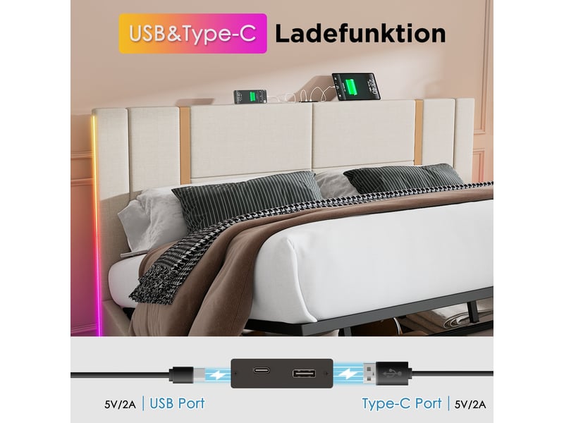  Lit led 160x200 avec matelas, lit coffre beige en lin avec sommier à lattes, led rgb et chargeur usb type-c  - Conforama D