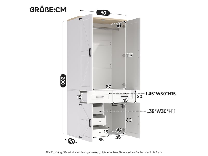Armoire penderie 90x50x200 cm - 4 portes - 5 tiroirs - 2 tringles - style campagne - mdf - blanc CozyNest - Conforama E