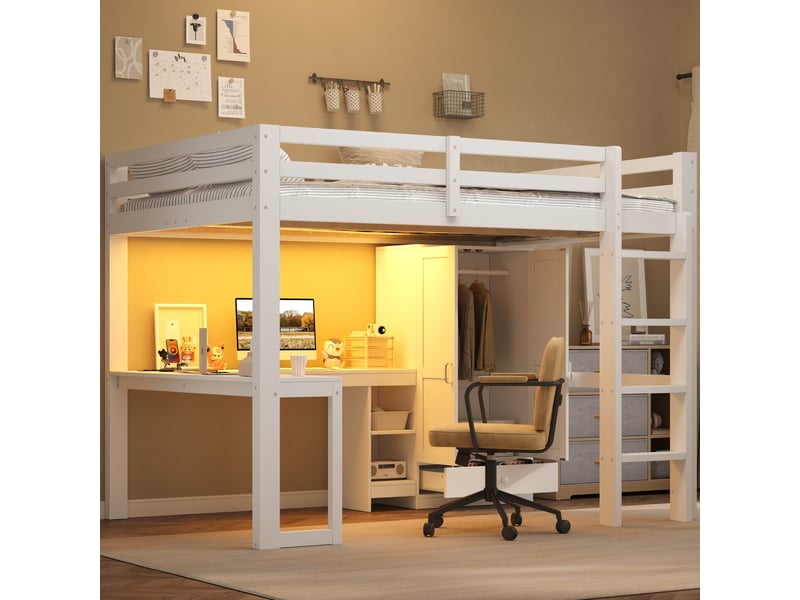 Lit mezzanine enfant avec bureau intégré et armoire, étagères, led et usb, blanc – 140 x 200 cm IKSETERA TRADING LTD - Conforama B