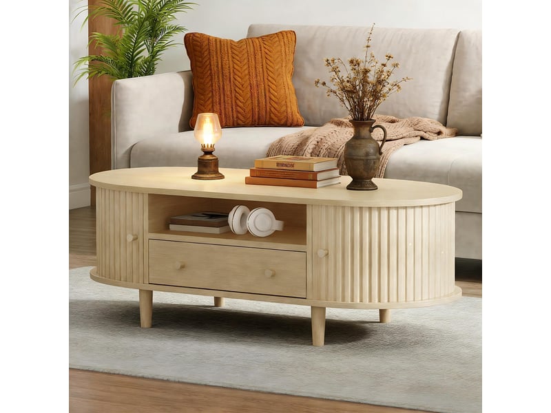 Table basse 100x50x36 cm bois tiroir rangement ouvert porte coulissante 4 pieds table d’appoint  - Conforama B