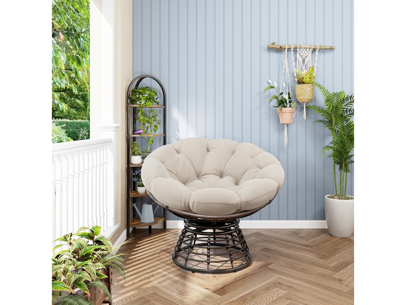 Fauteuil papasan pivotant 360° en rotin pe marron avec coussin beige - Conforama E