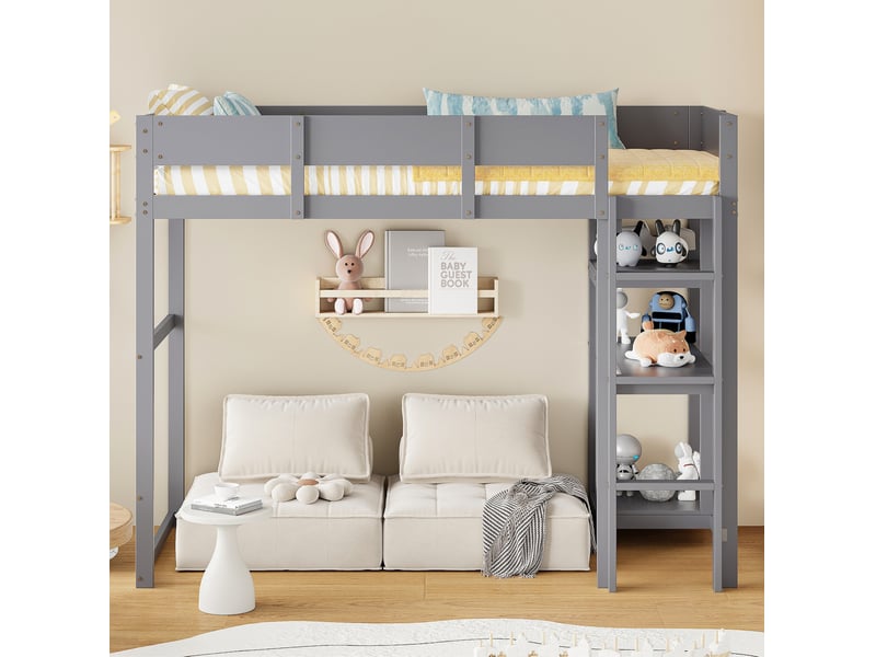  Modenvie lit mezzanine 90x200 cm - avec étagère intégrée, gain de place - pour chambre d'enfant - gris  - Conforama D