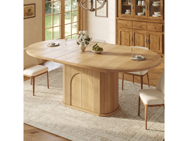  Table à manger ovale extensible 118-158x118x76,8cm naturelle, 2 à 6 personnes, rangements fermés, étagères réglables et portes push-to-open, pratique  - Conforama B