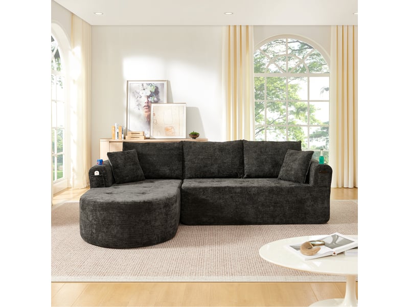  Canapé d'angle en l sans montage 255 x 170 cm noir avec porte-gobelet inox et rangements  - Conforama E