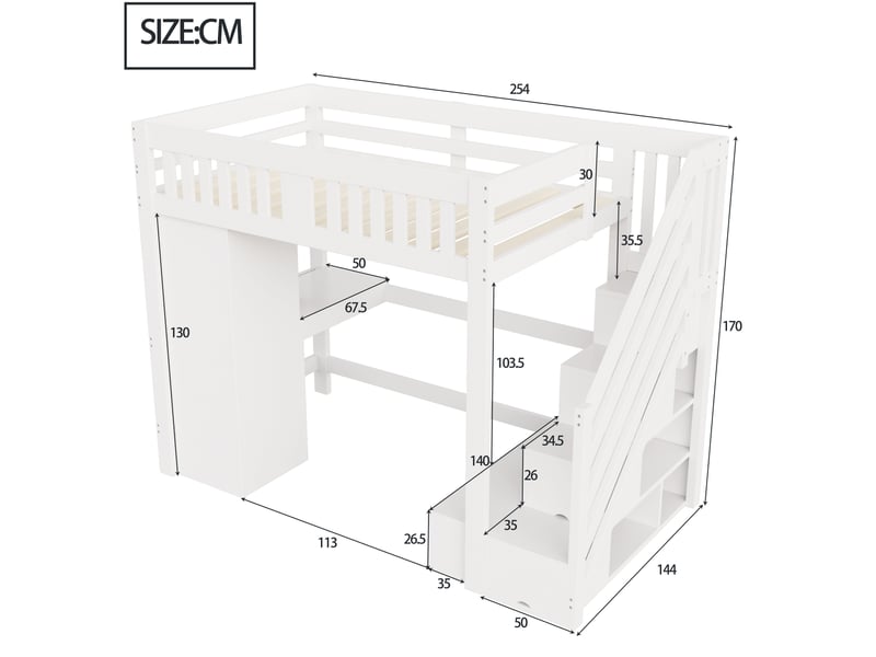  Lit mezzanine 2 places 200×140 cm avec rangements, bureau, led et prise - okmyhome- blanc, sans matelas  - Conforama D