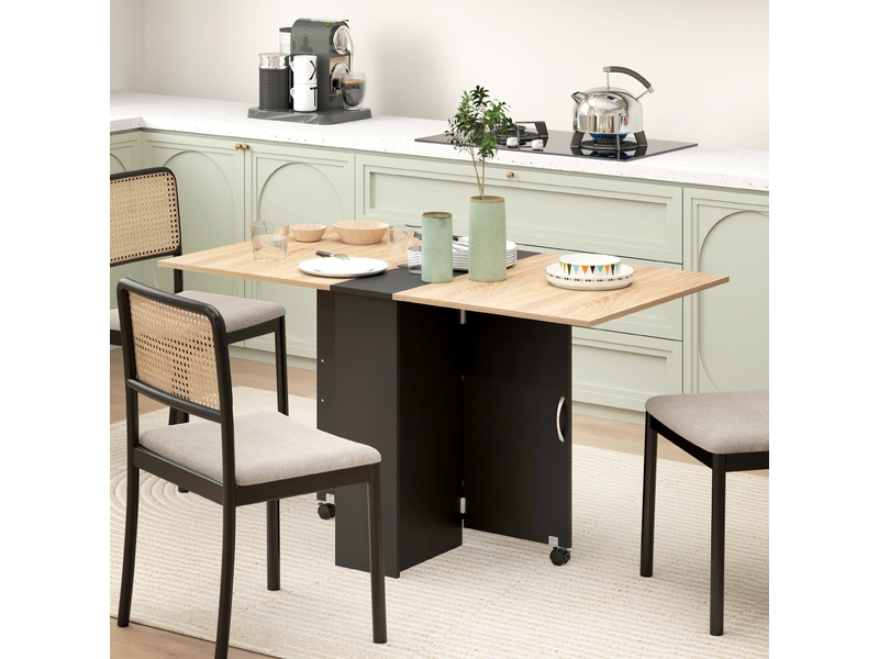  Table de cuisine pliante à roulettes, 2 étagères de rangement et 2 rallonges rabattables, style moderne, 75 x 140 x 74 cm, couleur naturelle  - Conforama D