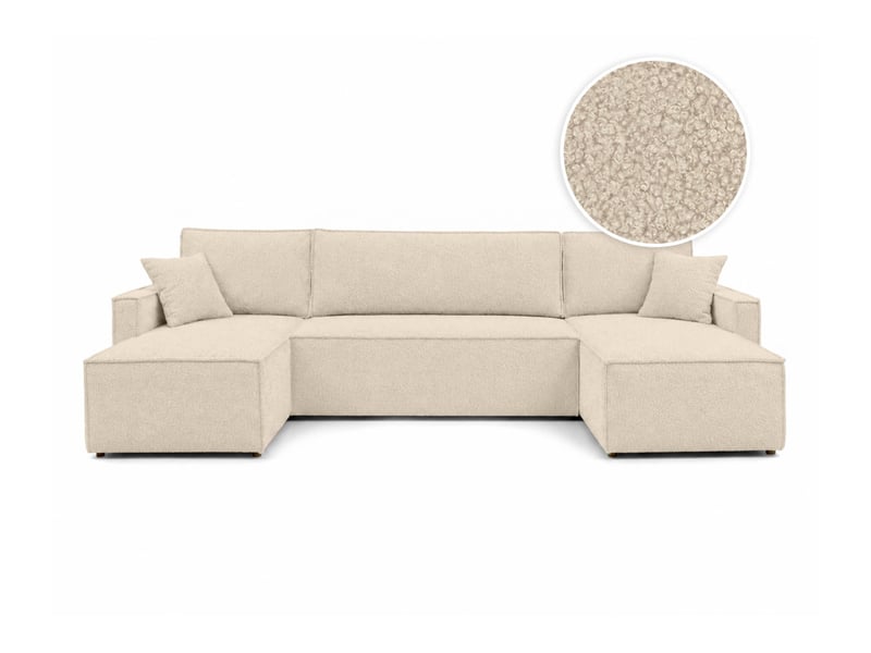  Farah - canapé d'angle panoramique convertible 6 places accoudoirs slim en tissu bouclettes généreuses  - Conforama A