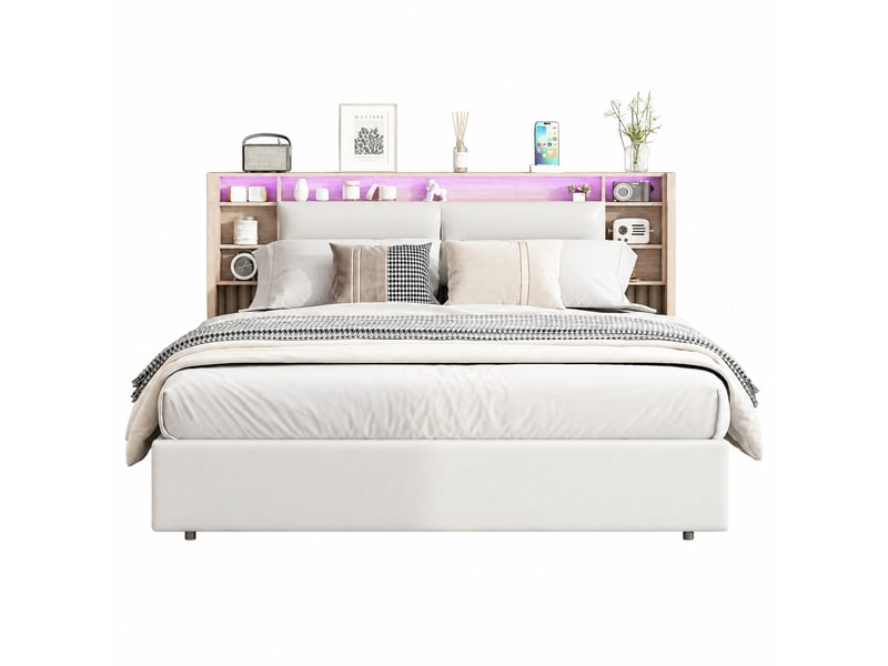 Lit coffre 160x200 cm, led lit double avec sommier hydraulique, tête de lit avec espace de rangement dissimulé, cadre lits pour adulte et adolescent, blanc pu lit capitonné  - Conforama A