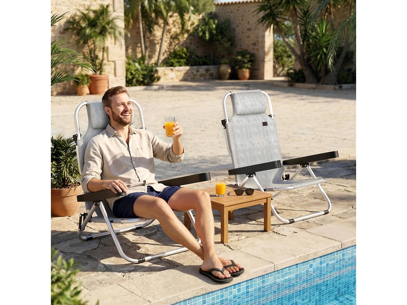  Lot de 2 chaises longues pliantes et inclinables 4 positions avec appui-tête, aluminium, 62 x 61 x 80 cm, gris  - Conforama C