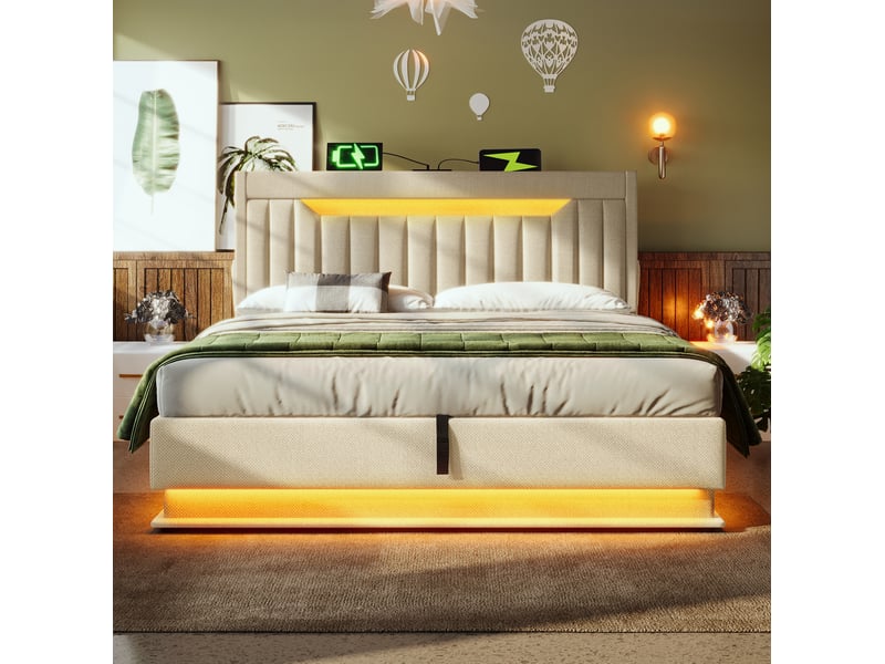  Lit coffre 180x200 cm beige avec led, ports usb et tête de lit rembourrée  - Conforama E