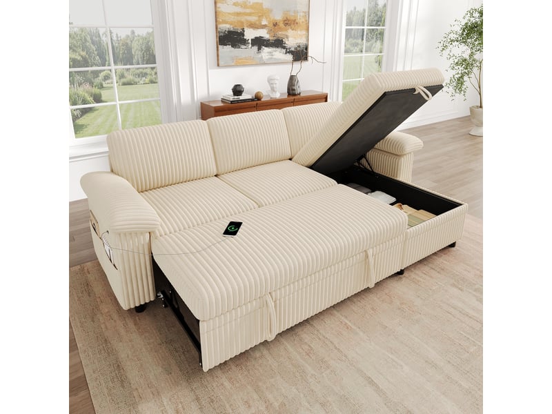  Canapé d'angle réversible convertible 3 places tissu beige coffre de rangement  - Conforama B