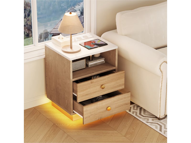  Lot de 2 tables de chevet - 44x30x55cm - table de nuit avec éclairage led rvb 7 couleurs, prises eu,2 tiroirs - marron et blanc  - Conforama B