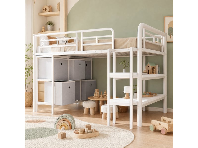  Lit mezzanine enfant 90x200 cm en métal avec rangements et escalier, blanc  - Conforama B