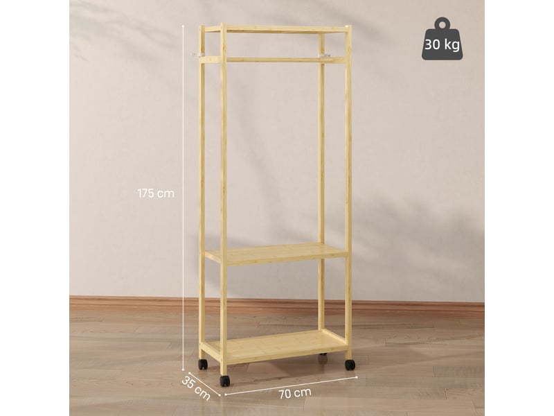  Portant à vêtements à roulettes en bambou avec 2 étagères 70x35x175 cm  - Conforama C