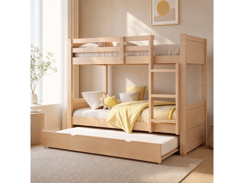Lit superposé 3 places 90×200 cm et 90×190 cm avec lit gigogne, barrière et échelle - okmyhome- bois, sans matelas - Conforama B
