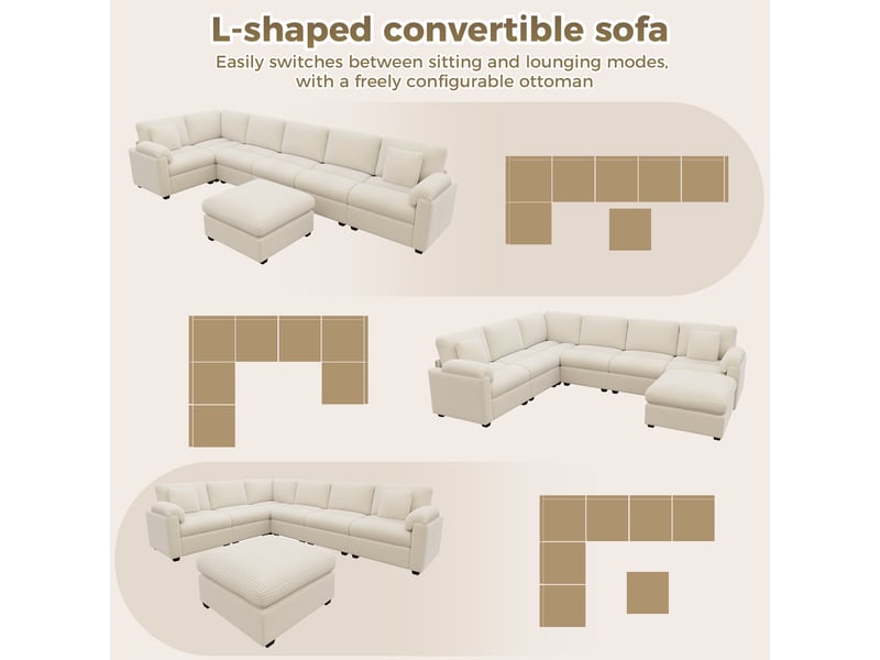  Canapé d'angle modulable 7 places en velours côtelé beige, configurable en u ou en l, avec pouf, 274,5×210,5×85,5 cm  - Conforama E