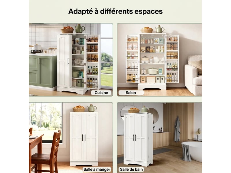  Armoire de cuisine blanche, meuble de rangement 2 portes, lumière led à capteur, 120cm  - Conforama D