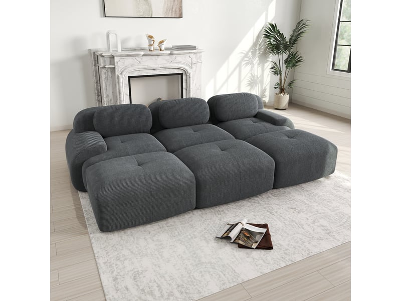  Canapé modulaire 3 places modenvie avec 3 poufs velours côtelé gris 298 x 178 cm  - Conforama E
