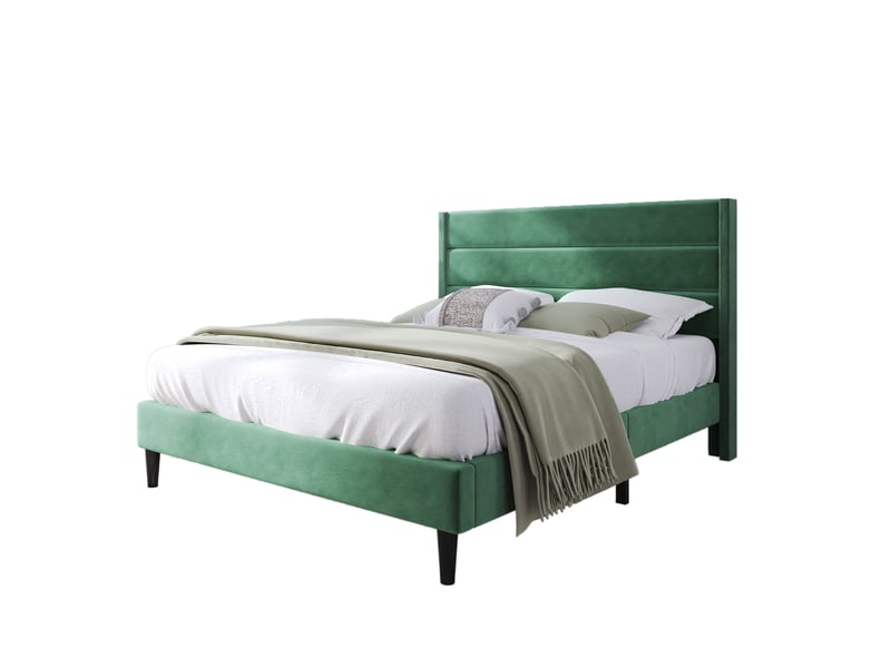  Lit double rembourré 140x200 cm, sommier a lattes et tête de lit, lit enfant rembourré, lit adulte, revêtement textile en lin, vert  - Conforama B