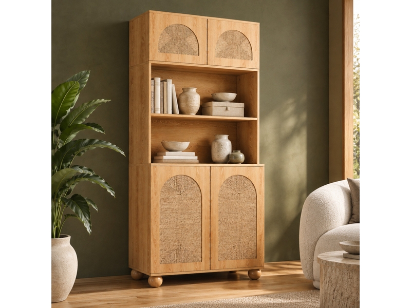  Buffet haut ulevr de rangement 80 x 40 x 180 cm, 4 portes à décor tressé, étagère réglable, mdf et panneaux de particules, naturel  - Conforama B