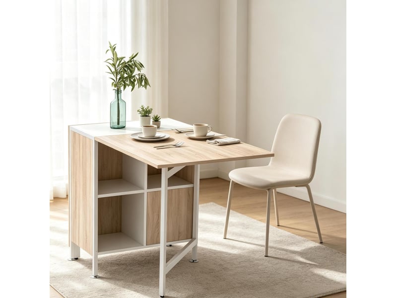  Table à manger pliante extensible 170 cm avec 4 niches, blanc et chêne clair  - Conforama D