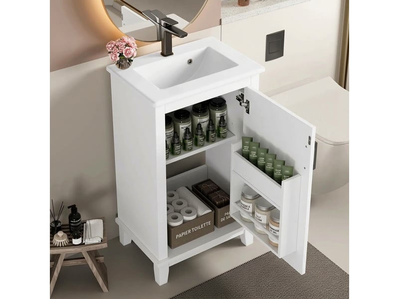Petit meuble salle de bain 51cm sur pied avec vasque céramique blanc - Conforama D