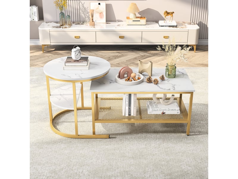 Table basse gigogne parent enfant 105x50x51 cm dorée bois inox avec rangement et panier métallique evarich - Conforama E