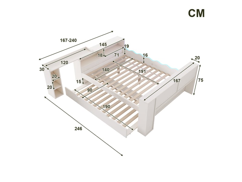  Lit combiné 140x190 cm avec lit gigogne 90x190 cm, led et prises, blanc  - Conforama C