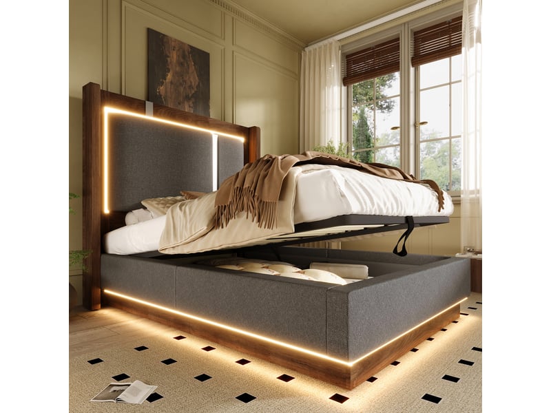  Lit coffre 90x200 cm, lit simple rembourré avec rangement hydraulique, sommier à lattes, led, tissu en lin, sans matelas - gris et noyer  - Conforama E