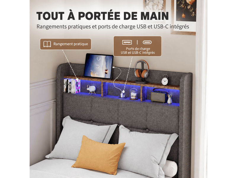  Lit simple 90x200cm avec led et usb, lit capitonné avec 2 tiroirs, tête de lit avec espace de rangement et sommier à lattes, 1 place, gris, tissu en lin  - Conforama W