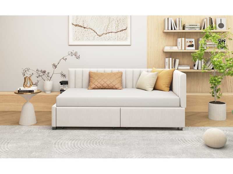  Canapé-lit rembourré 90x200 cm avec 2 grands tiroirs de rangement, lit simple, lit adulte avec sommier à lattes, beige, velours  - Conforama R