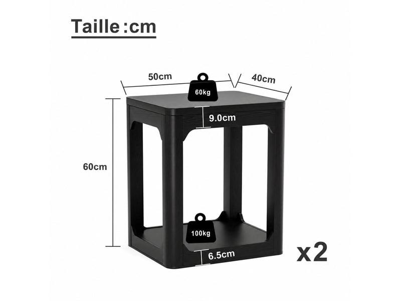  Lot de 2 tables d’appoint à 2 niveaux – mdf noir mat – 50 x 40 x 60 cm  - Conforama D