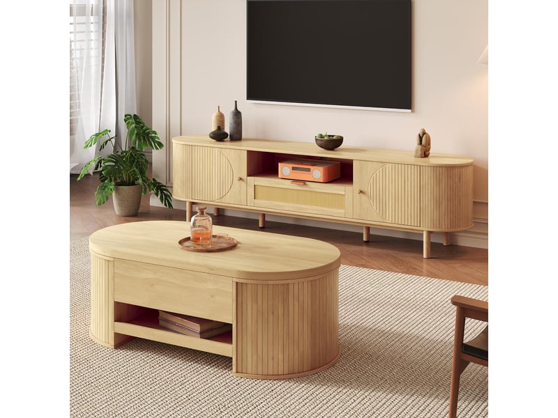 Ensemble meuble tv et table basse relevable mdf naturel 175x36x41 et 110x55x40 cm - pangivo - Conforama B