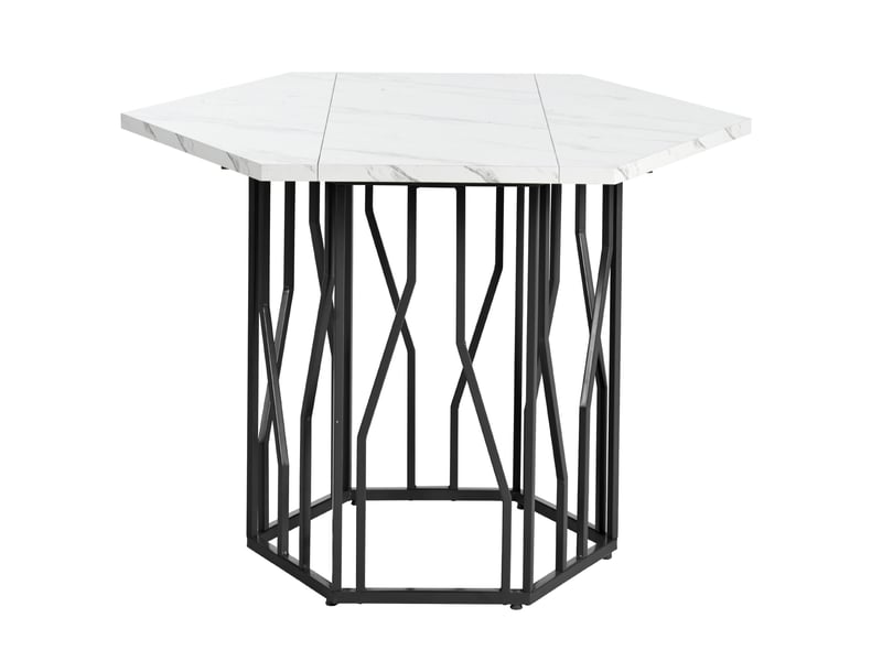  Table hexagonale moderne 115,5x100x75cm, support en forme de branche, motif marbre (non en marbre), mdf, blanc et noir  - Conforama E